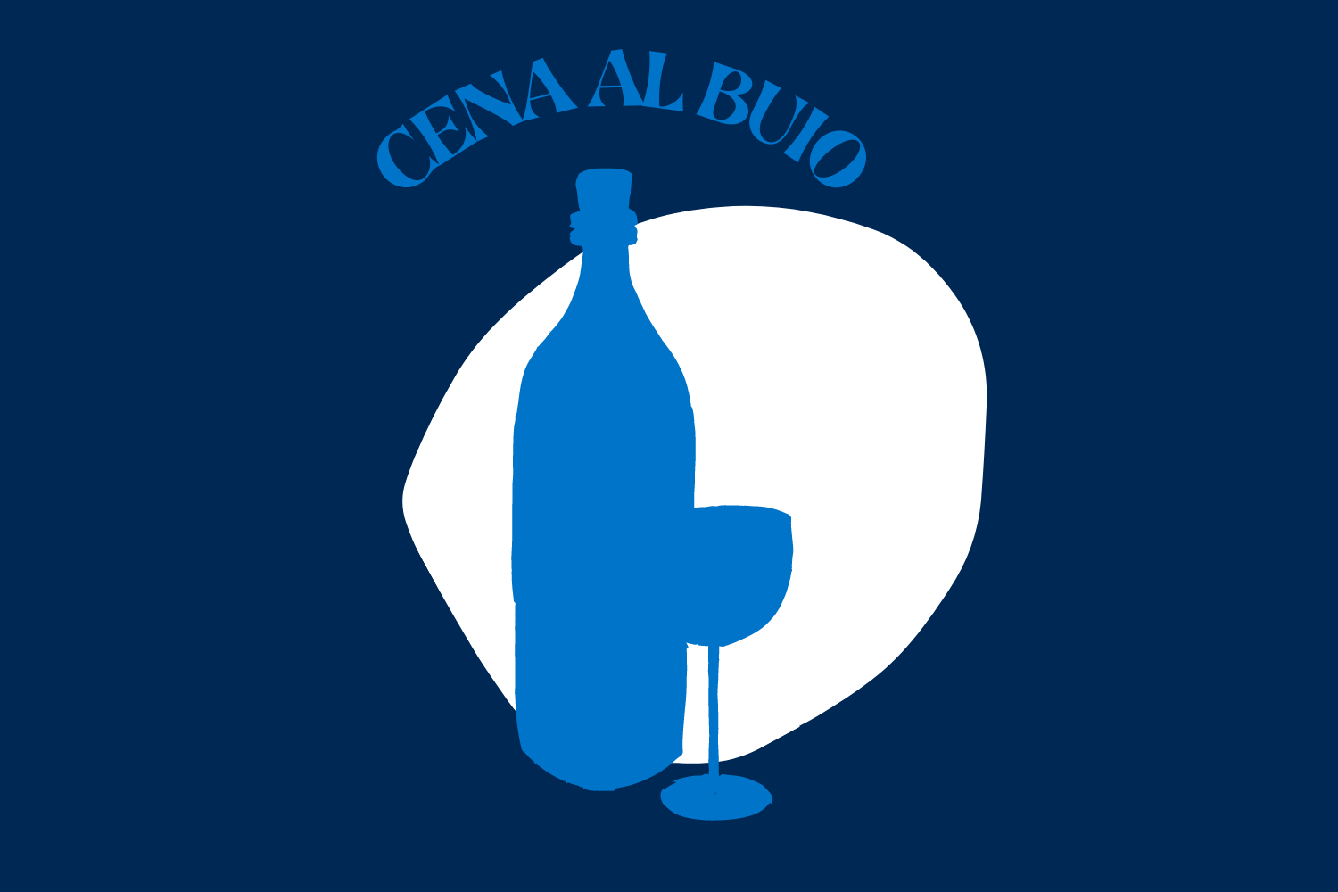sagome di bottiglia e bicchiere su sfondo blu con cerchio bianco