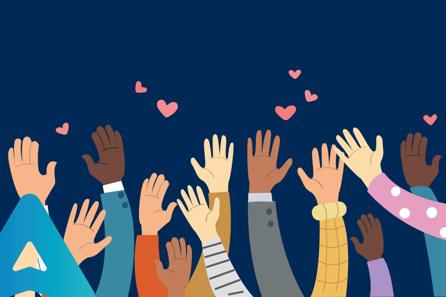 grafica con il disegno di una serie di mani alzate e cuori