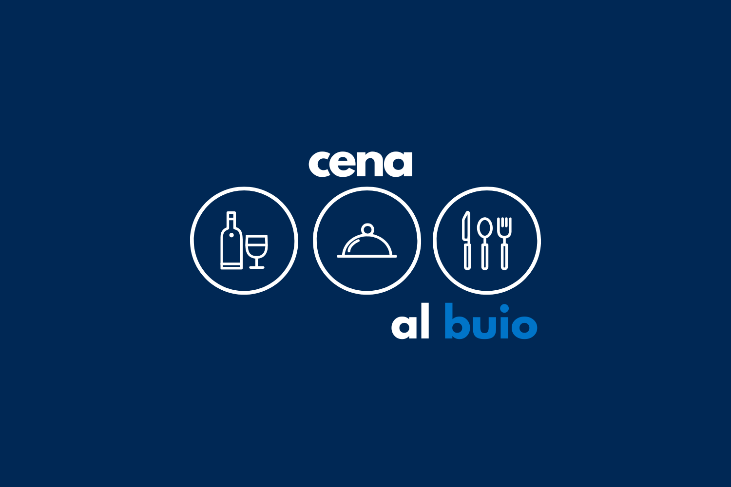 Grafica “Cena al buio” con icone di vino, piatto da portata e posate su sfondo blu